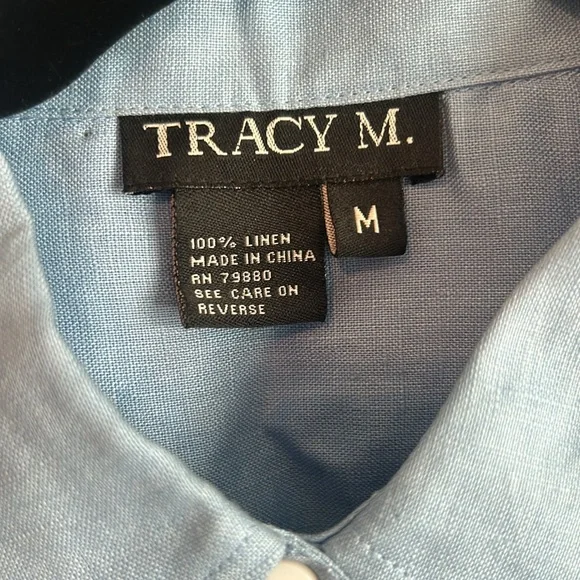 NWOT Vintage 1990s Tracy M Blue Linen 3/4 Sleeves Shirt. - Picture 4 of 6